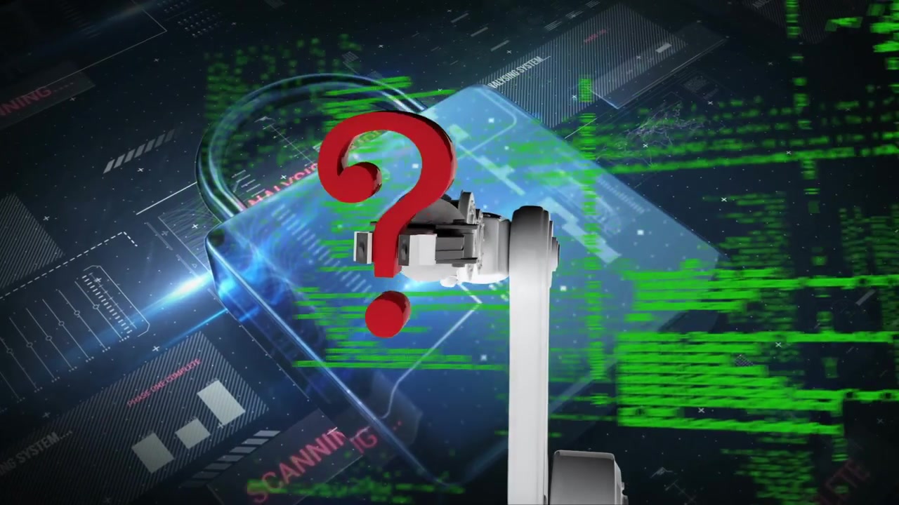 Robotic Arm Scanning Digital Padlock with Question Mark Overlay