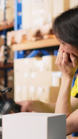 vertical video male worker in hi vis vest falling asleep scanning shipping labels