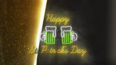 animation of happy st patrick's day with beer icons over glass of beer