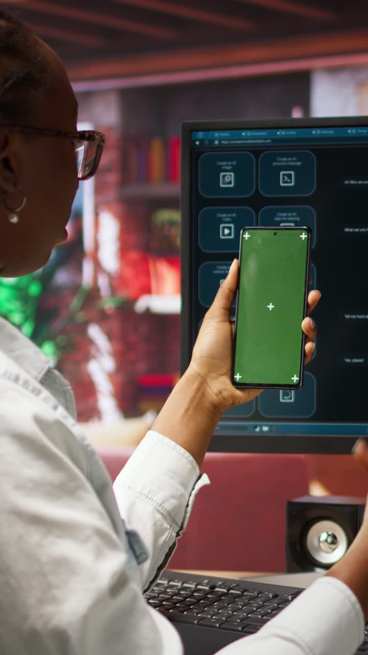 Vertical video Woman at home holding mockup smartphone asks questions to AI virtual assistant