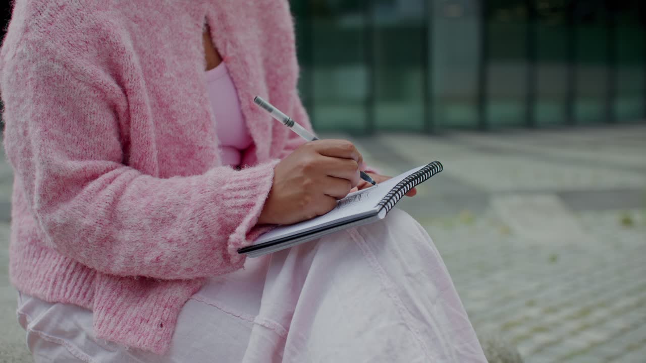 Donna che scrive su un quaderno all'aperto