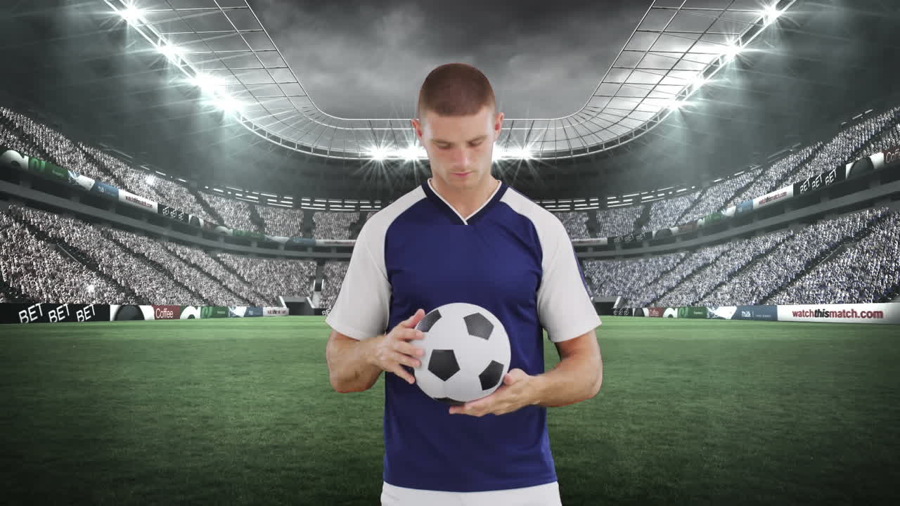 animación del estadio sobre el jugador de fútbol masculino caucásico