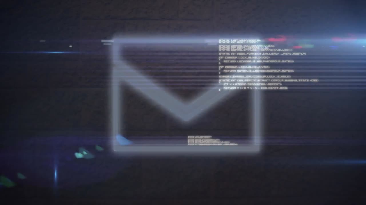 Digital animation of neon message icon against light spots and data processing on blue background