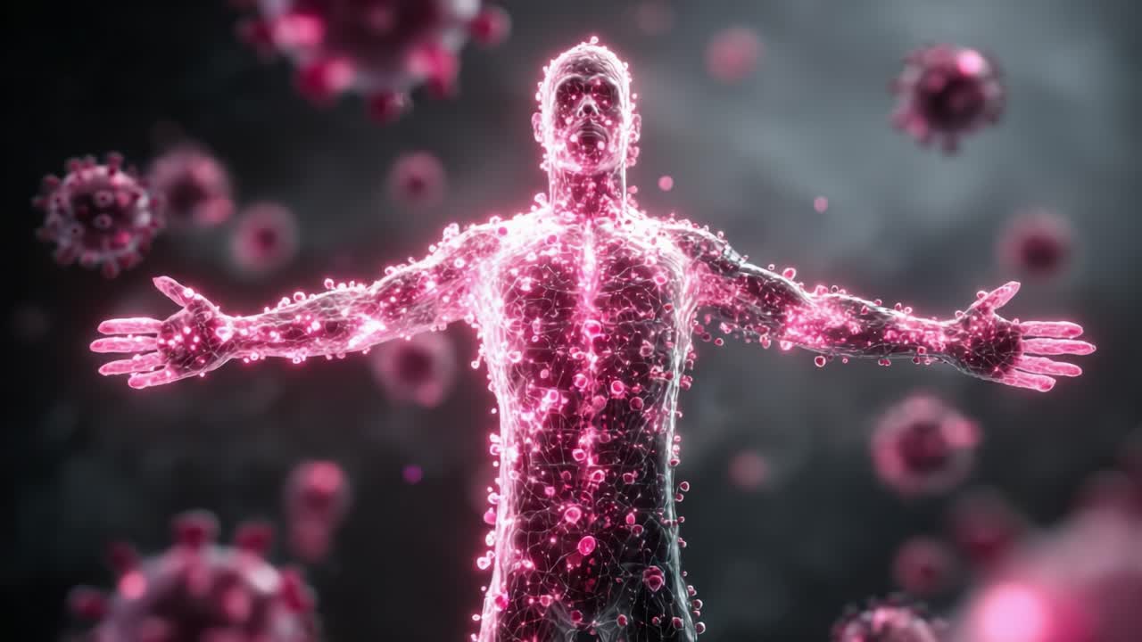 Una Straordinaria Rappresentazione Visiva di una Figura Umana che Abbraccia l'Energia in Mezzo a un Mare di Particelle Virali, Mostrando l'Intersezione tra l'Umanità e i Mondi Microbici