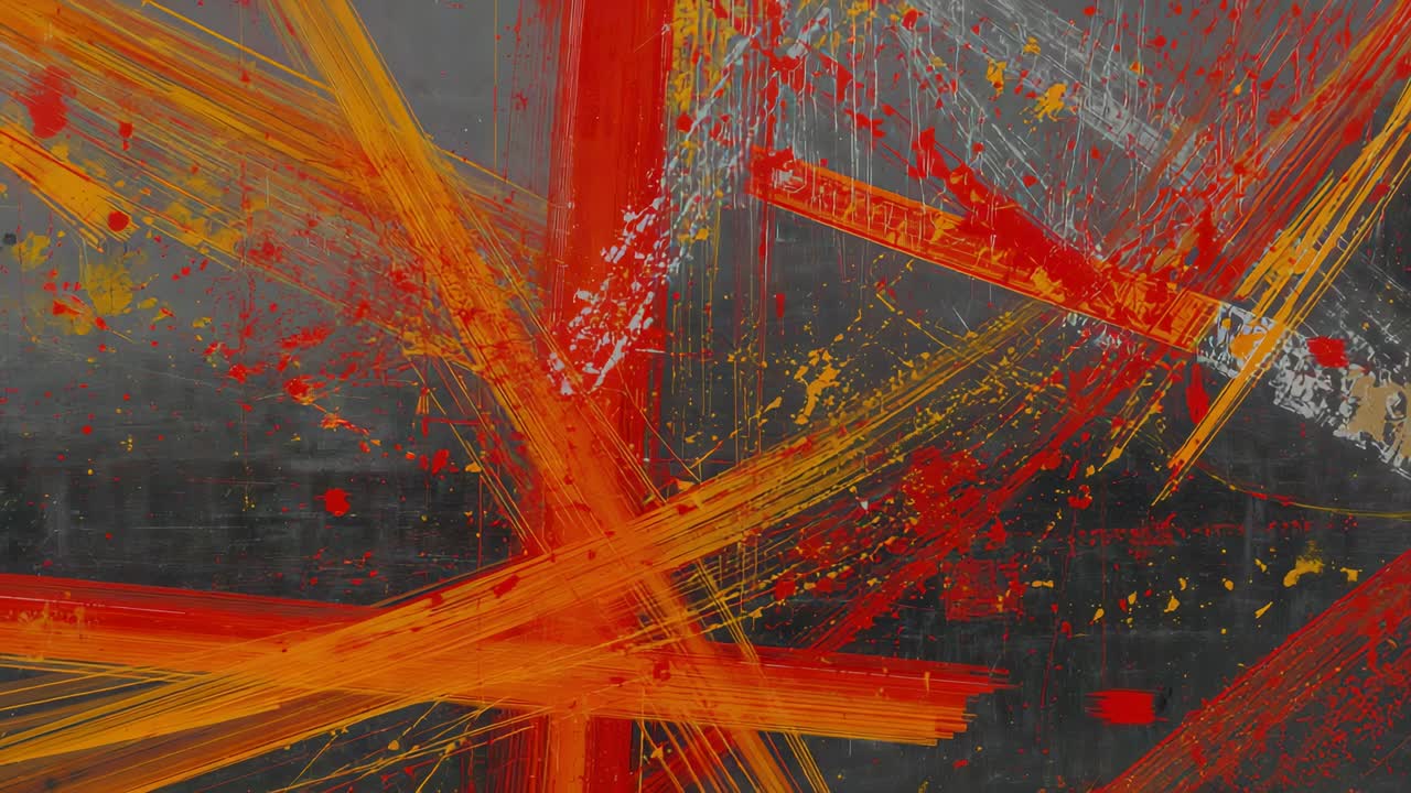 Shifting camera revealing abstract painted canvas at art studio, highlighting textured brushstrokes