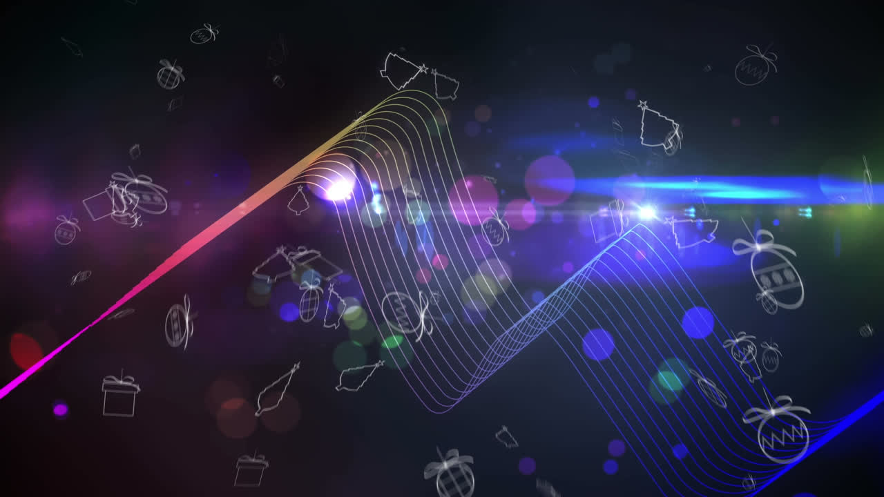 여러 개의 크리스마스 컨셉 아이콘이 디지털 파도와 파란색 배경의 빛의 반점에 떨어지고 있습니다.