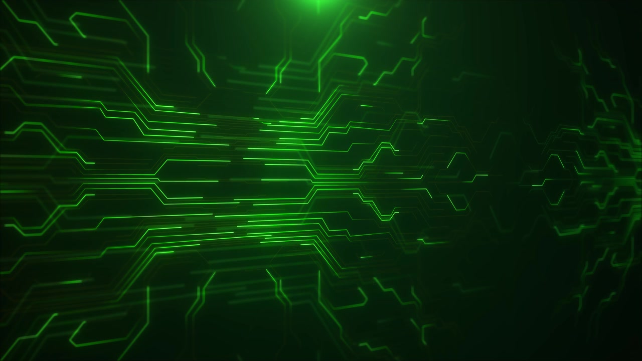 Green circuit technology background glowing paths dark electronic board depth futuristic network