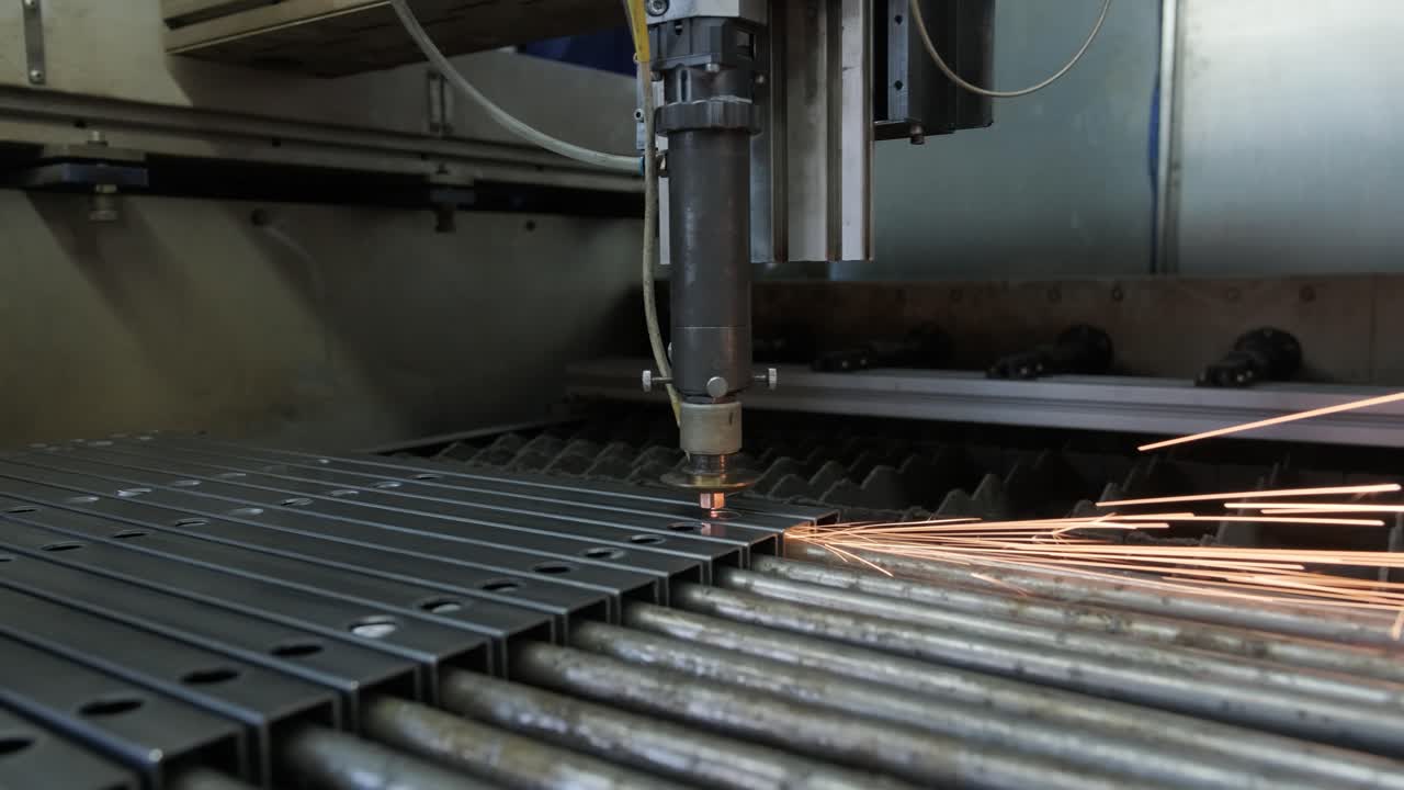 moderna macchina laser industriale con cnc, tecnologia di taglio del metallo. taglio laser di tubi d'acciaio in una fabbrica moderna. laser taglia buchi nel tubo.