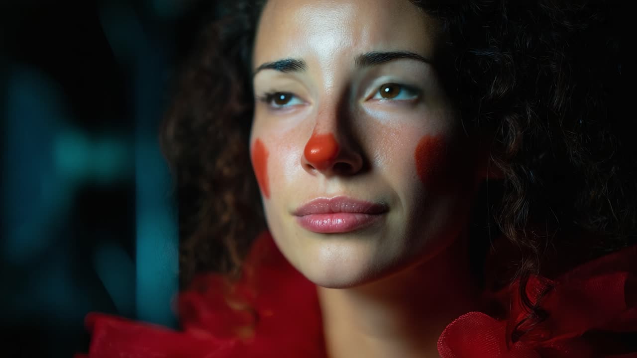 Emotional Clown Portrait: A Close-Up of a Woman's Expressive Face with Classic Clown Makeup, Featuring Red Nose and Colorful Costume in Dramatic Lighting
