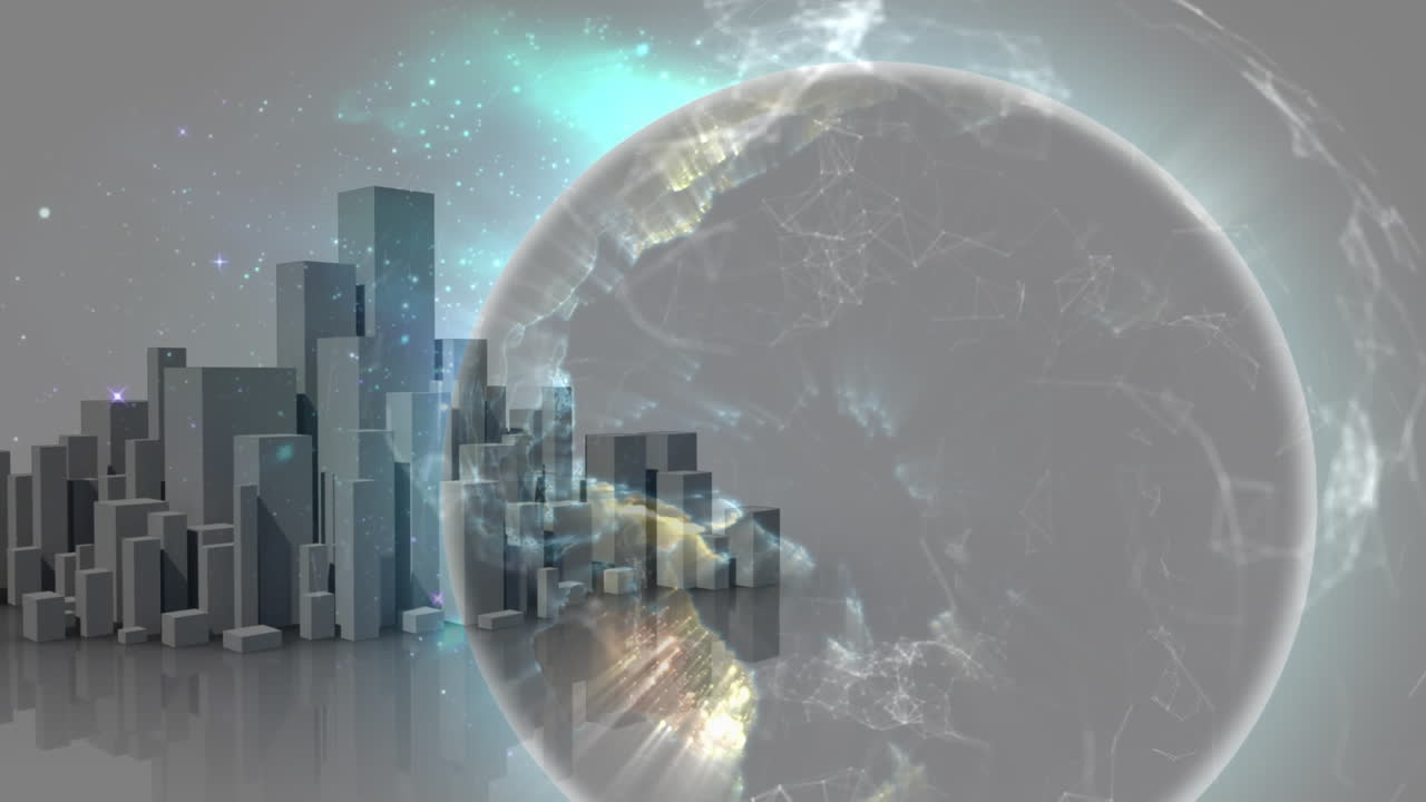Animation of globe with cityscape and network of connections