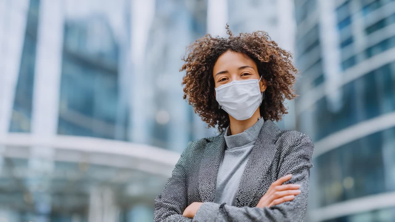 Confident Young Woman with Curly Hair Wearing a Mask in Urban Setting, Emphasizing Safety and Professionalism Amidst Modern Architecture