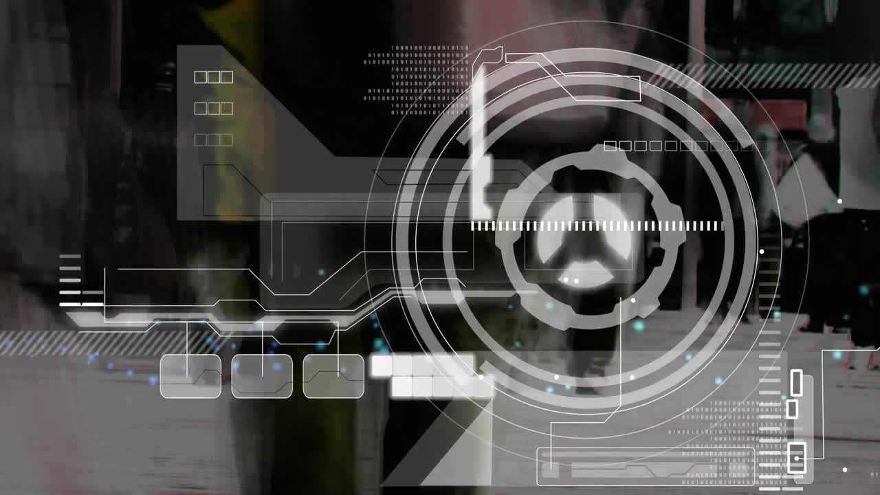 Animation of scope scanning and data processing over pedestrians walking in slow motion