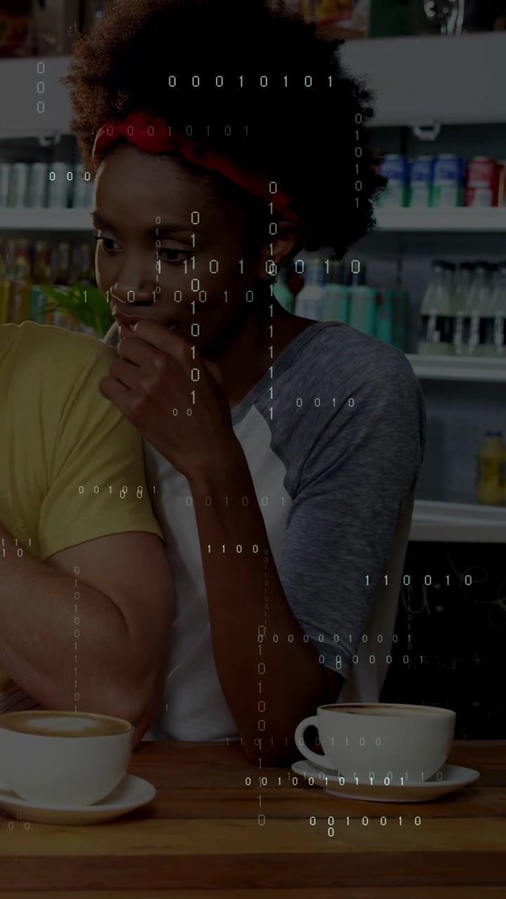 Vertical video: Leaning as man moving, woman peering to see hands at bar with cups, binary overlay