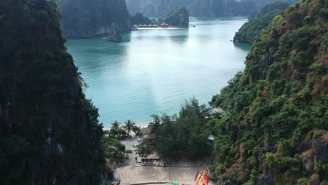 aerial over beach at freedom island in vietnam. follow shot
