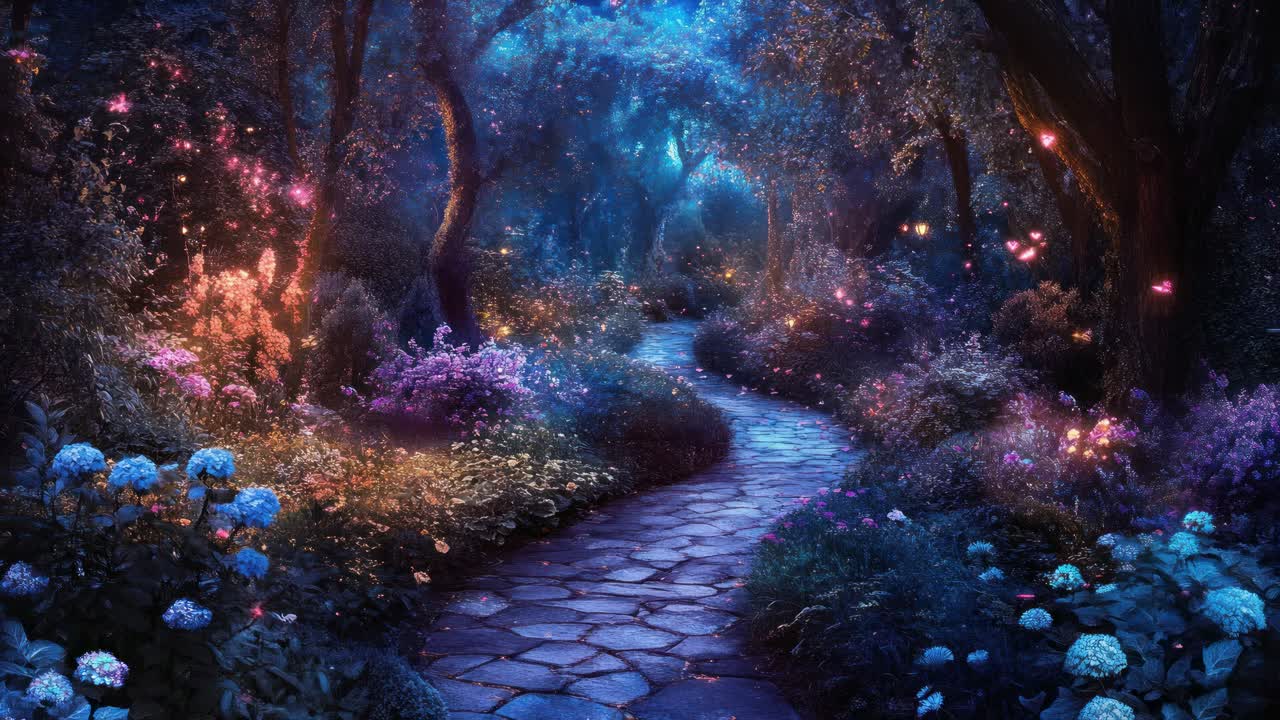 A magical forest path at twilight, viewed from a low angle