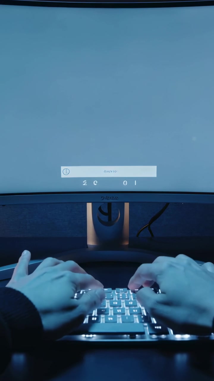 Video vertikal: Mengetuk bezel monitor, tangan menekan tombol berlampu latar, mengetik login, membuka kunci di meja