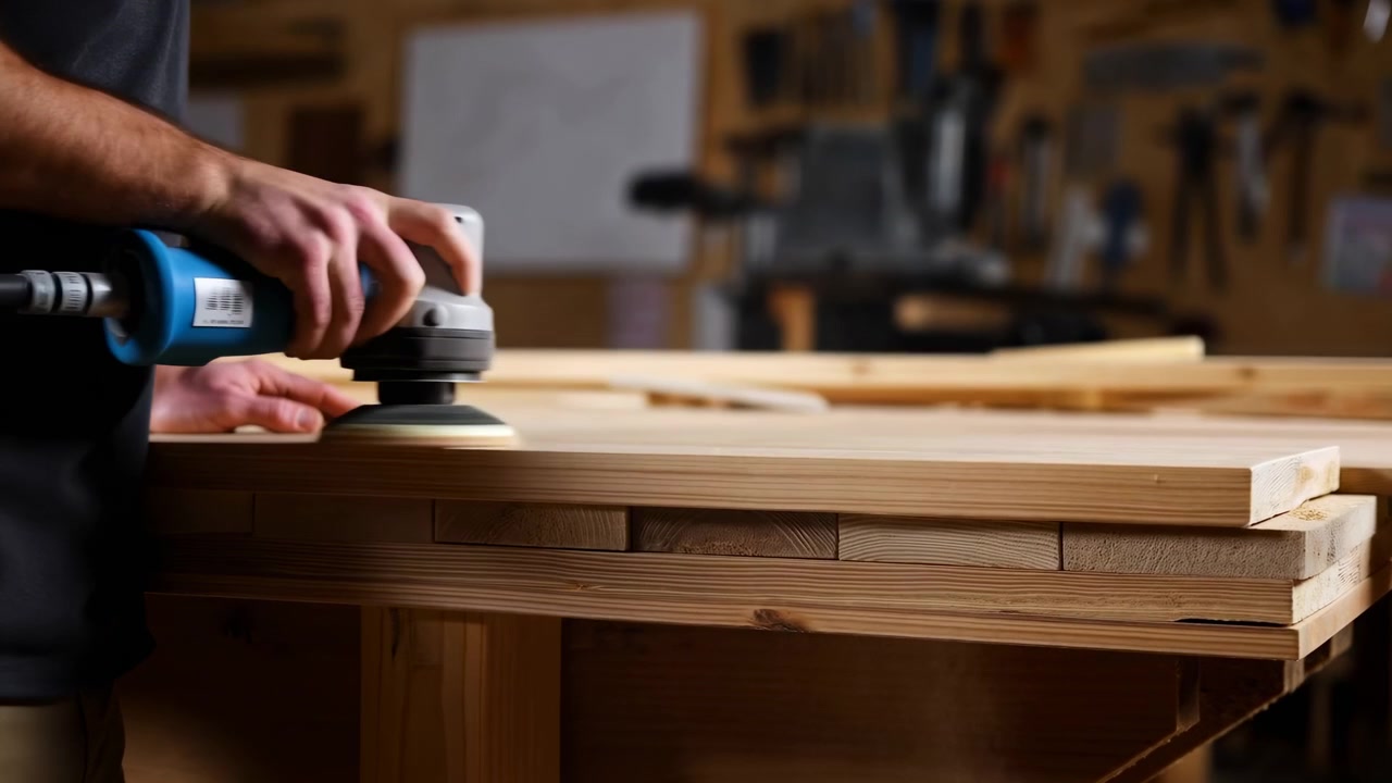 Close view shows hands guiding powered round sander along edge and top of layered timber boards, with fine wood grain in focus and workshop tools softly blurred behind.