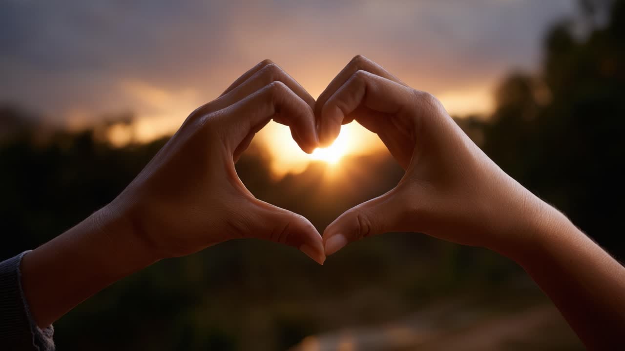 Due mani che formano un cuore al tramonto, a simboleggiare l'amore e la connessione in un pacifico ambiente naturale