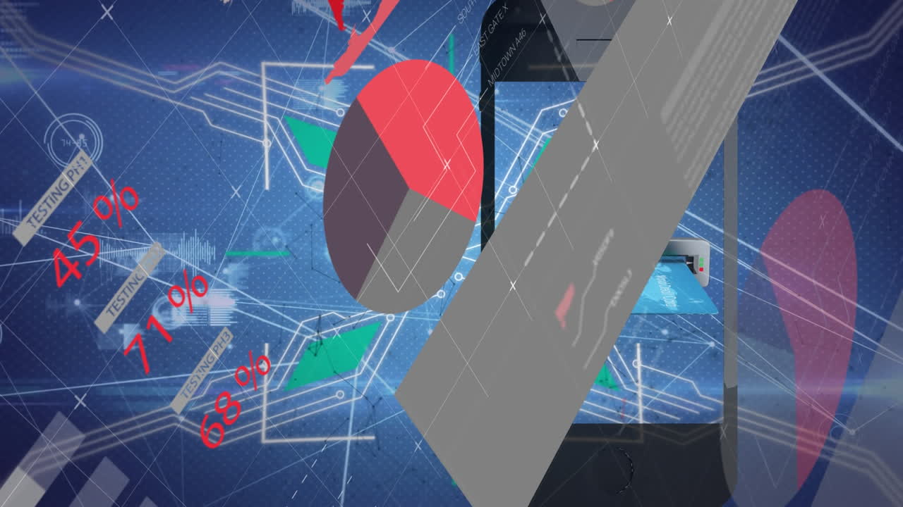 Animation of data processing over network of connections on blue background