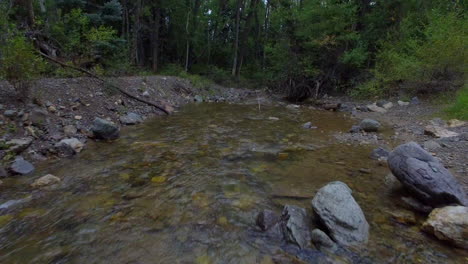 Reverse-low-flight-drone-shot-over-a-peaceful-flowing-creek-surrounded-by-green-trees