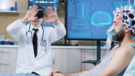 doctor in a neuroscience centre wearing a virtual reality goggles