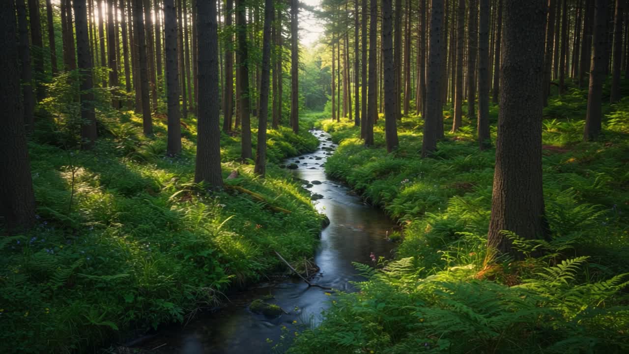 A serene stream meanders through a vibrant forest filled with tall ...