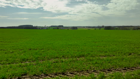 Ein-Grünes-Feld-Unter-Einem-Teilweise-Bewölkten-Himmel-Erstreckt-Sich-Bis-Zum-Horizont,-Mit-Entfernten-Hügeln-Und-Vereinzelten-Bäumen