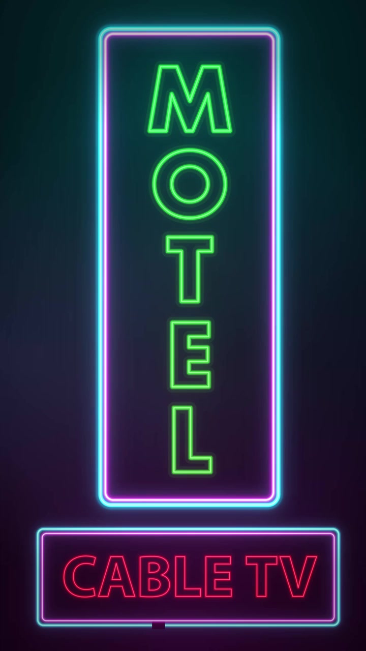Enseigne de motel néon animée clignotant sur un fond sombre avec un éclairage vert et violet éclatant