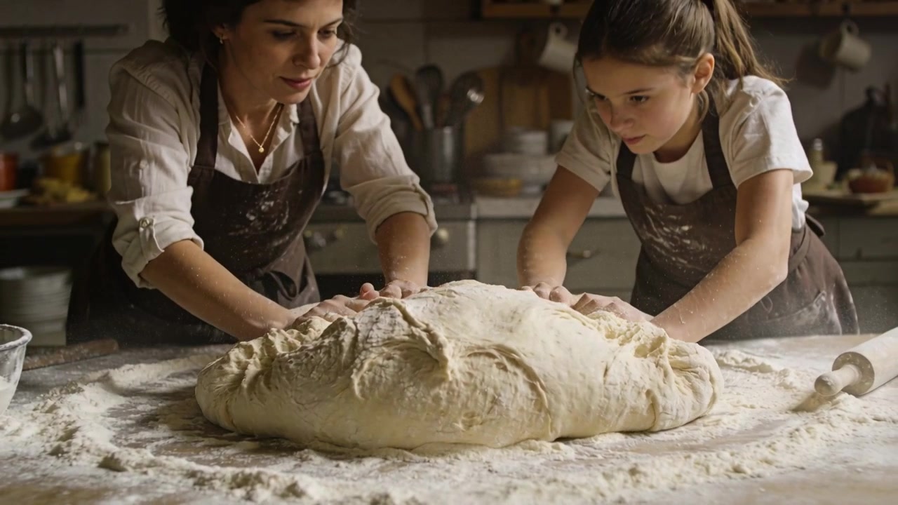 Pressing adult and girl shaping and smoothing bread dough at home counter, aprons, rolling pin
