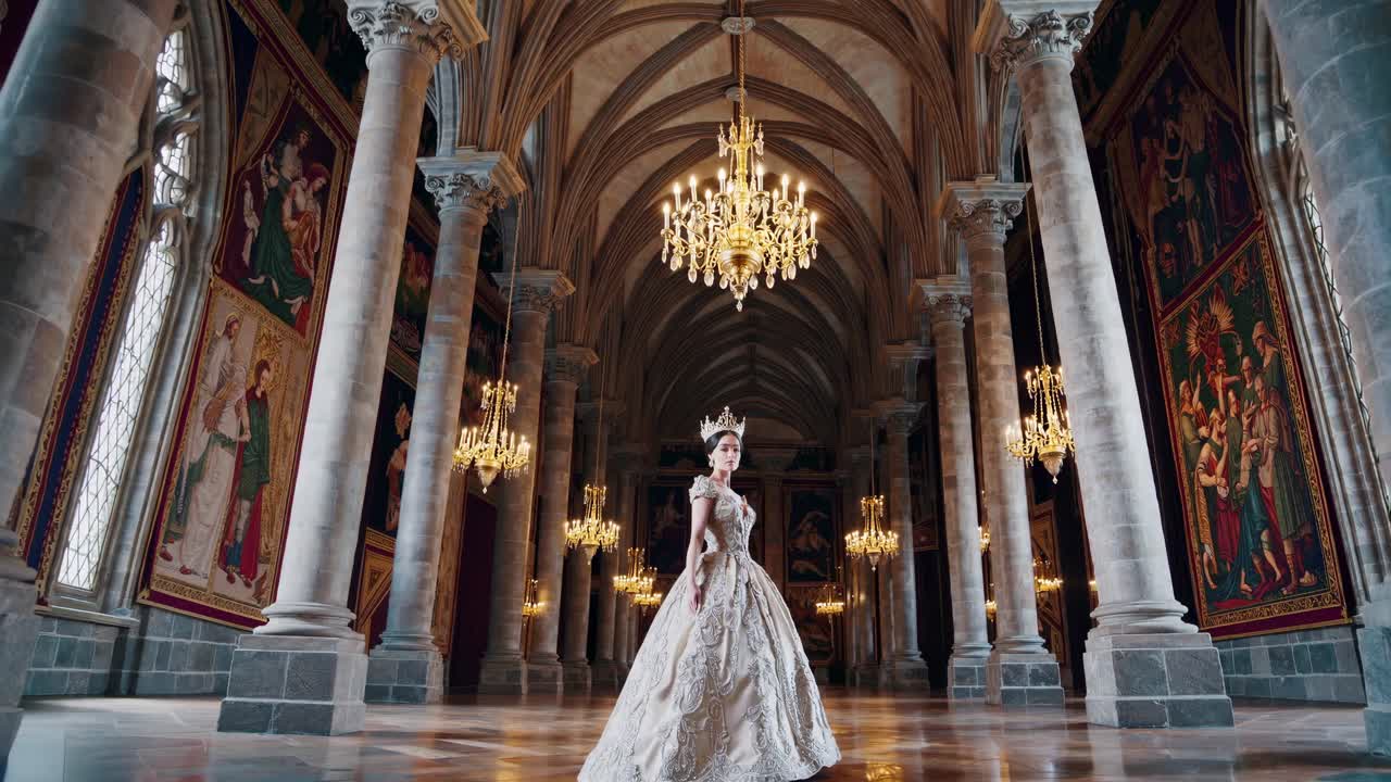A regal woman in an ornate gown and crown stands in a grand hall