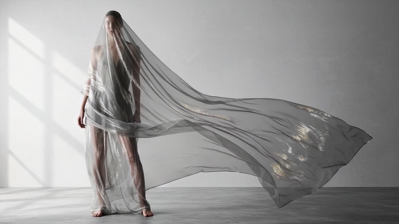 A graceful figure draped in flowing sheer fabric, exuding a sense of ethereal beauty and elegance, captured beautifully in soft lighting and an artistic setting