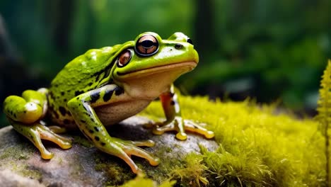 a green frog sitting on top of a moss covered rock