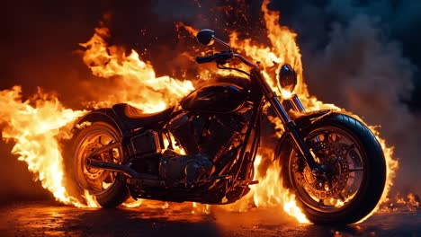 a motorcycle is engulfed by flames on a dark background