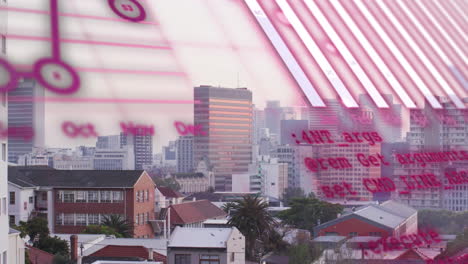 animación del procesamiento de datos financieros sobre el paisaje urbano