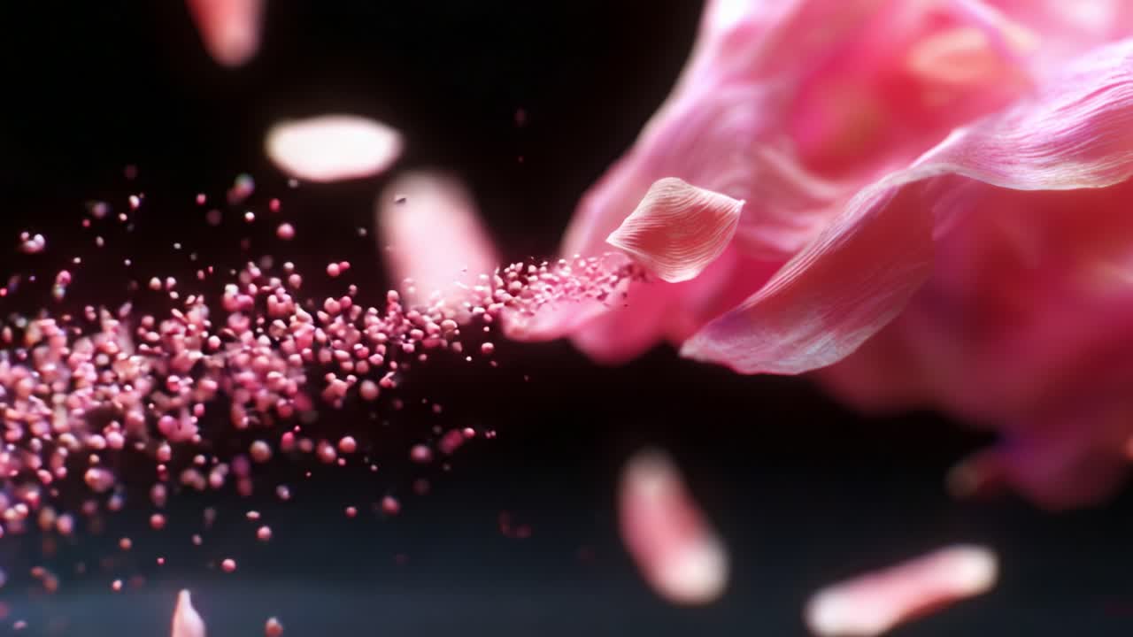 A Stunning Visual of a Flowing Pink Petal Cloud with Sparkling Particles, Creating an Ethereal Atmosphere of Lightness and Grace in an Abstract Composition