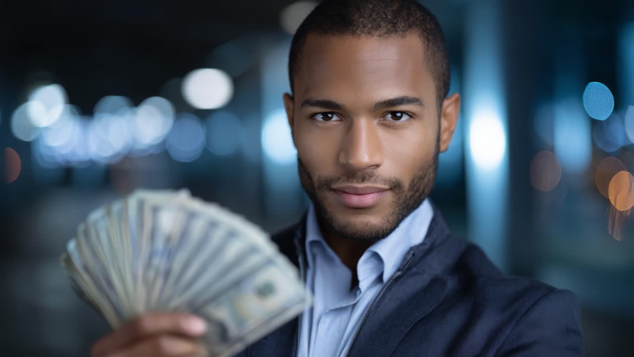 Uomo sicuro di sé che tiene in mano dei contanti, vestito in modo professionale in un ambiente scarsamente illuminato, che irradia successo e prosperità in un ambiente moderno