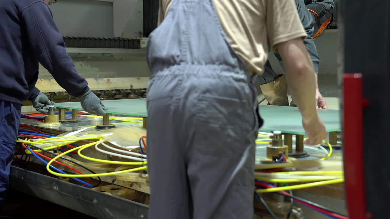 instalando un enorme panel de vidrio mate en la mesa de la máquina cnc, manteniéndolo en su lugar con pistones de succión de aire