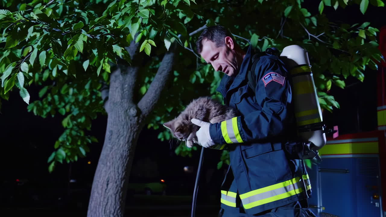 Pompiers et sauvetage de chatons la nuit