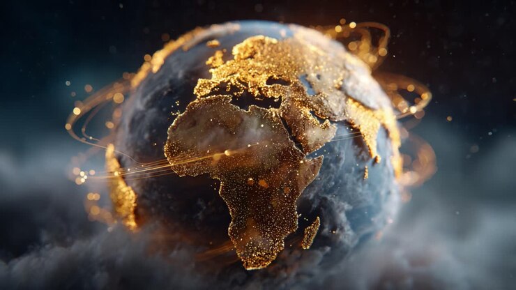 Un'incantevole visualizzazione della Terra con una luce radiosa, che mostra il continente africano adornato da particelle dorate e percorsi di luce illuminati che lo circondano