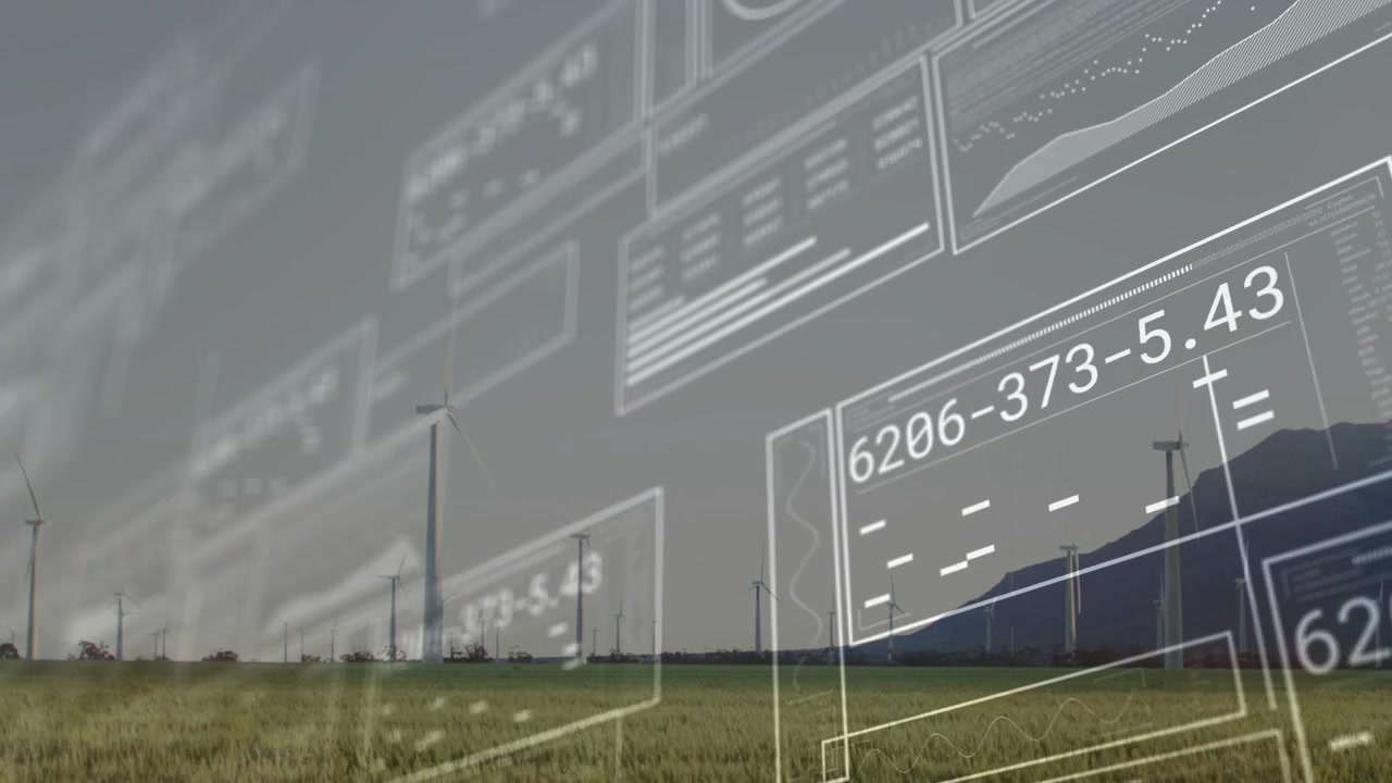 Vindmøllepark modtager realtidsdatafeed og viser HUD-paneler, der bevæger sig med diagrammer til analyse.