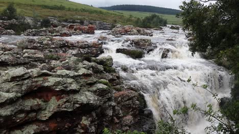 static shot of a small water fall with fast moving rapids moving in the background