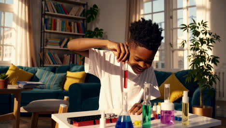 young boy conducts a colorful science experiment at home