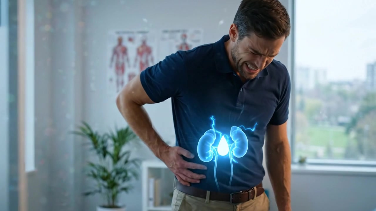 Man pressing lower back with blue kidney overlay inside bright clinic room