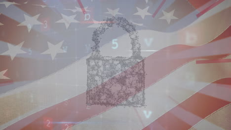 animation of data processing and padlock over flag of usa