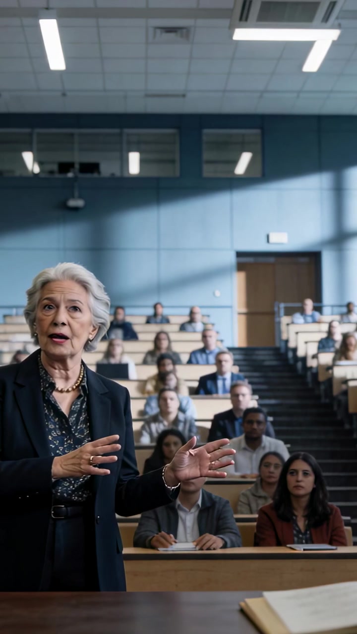 Video verticale: Professore in blazer che inizia a fare lezione, gesticolando in un'aula a gradoni con appunti, spazio per il testo.