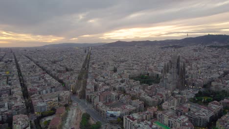 sideways aerial of sagrada familia, art nouveau jugendstil architecture in barcelona