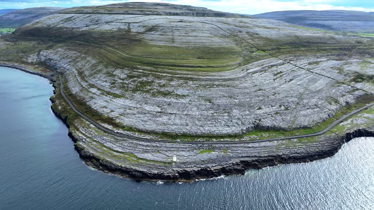 Wild Ireland drone panning Black head Coastal road through The Burren Clare popular route on The Wild Atlantic Way Ireland natural beauty