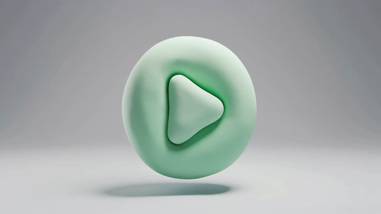 Animation d'une sphère verte douce se transformant en bouton de lecture.