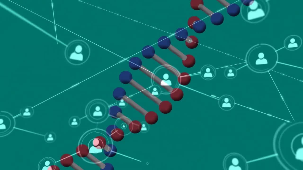 animación de la cadena de adn y la red de conexiones en fondo verde