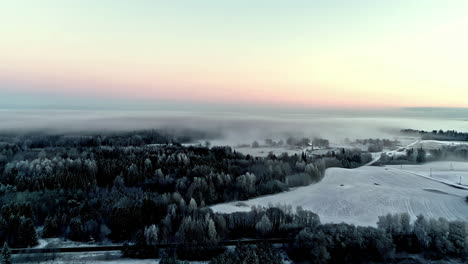 -Aerial-of-snowy-Winter-wonderland-with-snow-on-ground-and-trees-with-clear-sky